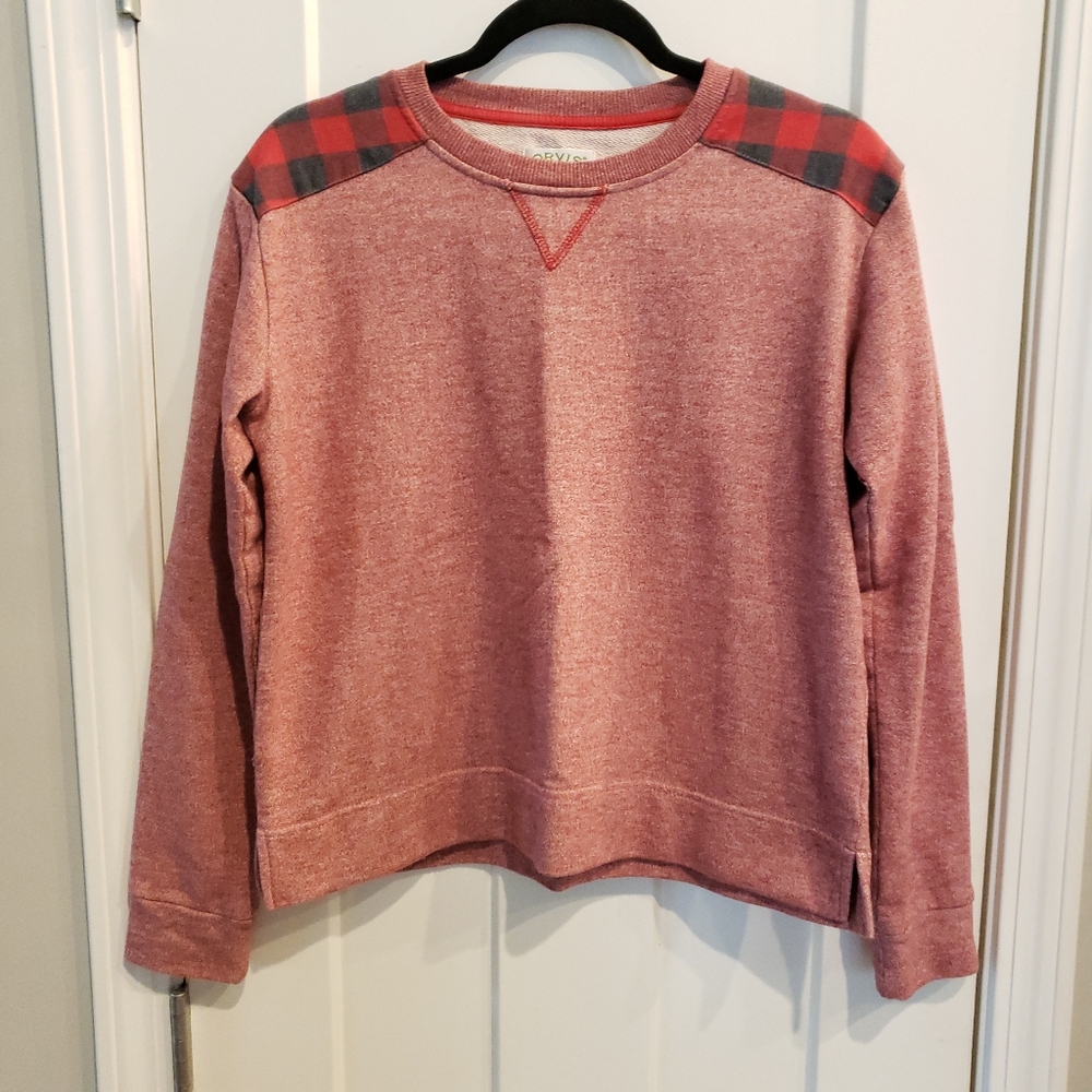 Orvis Heathered Red Sweater with Plaid Shoulders